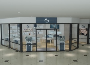Jewelry store window displays white blue new
