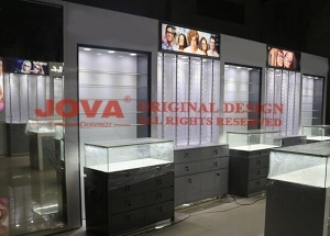 Frame displays for eyeglasses wall display with glass shelves