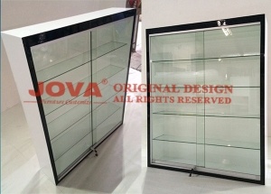 retail display counter with glass shelves full vision