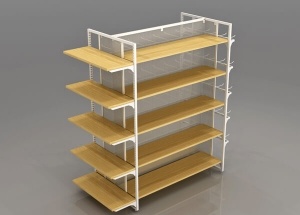 Retail gondola units white metal frame wooden shelves