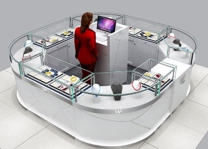 mall kiosk jewelry shop curved display cases