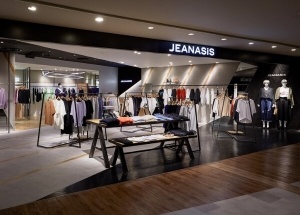 Retail clothing store shelves and racks
