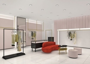 Lady clothes retail store shelves and displays