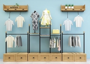 wooden garment rack with shelves